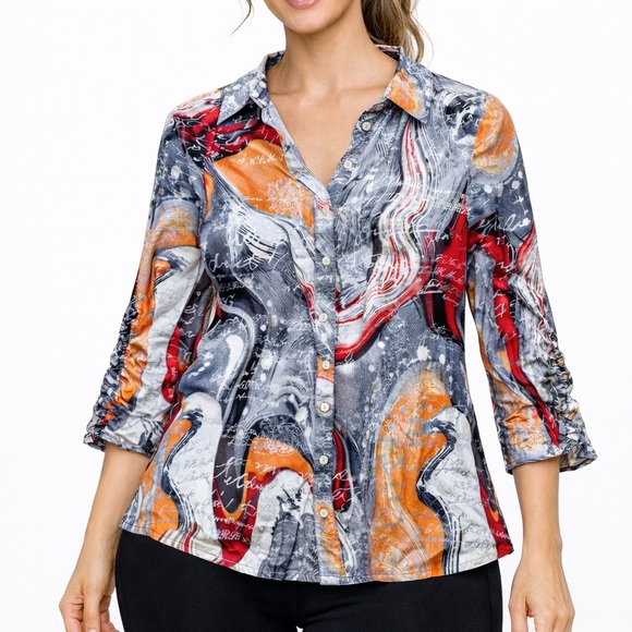 Peter Nygard Tops - Peter Nygard Red and Orange Abstract Button Down Shirt